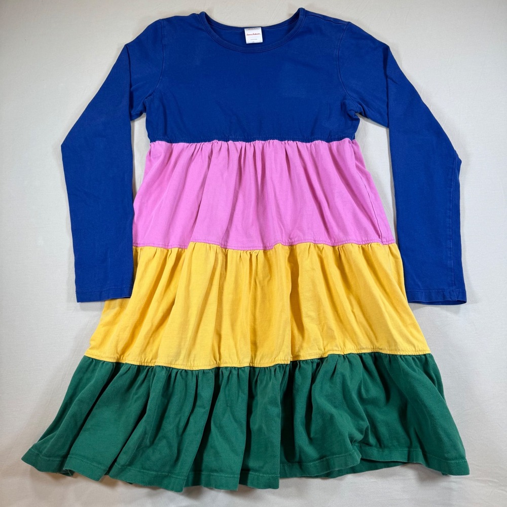 Hanna Andersson Kids Tiered Colorblock Dress Blue Pink Yellow Green Size 12 150c